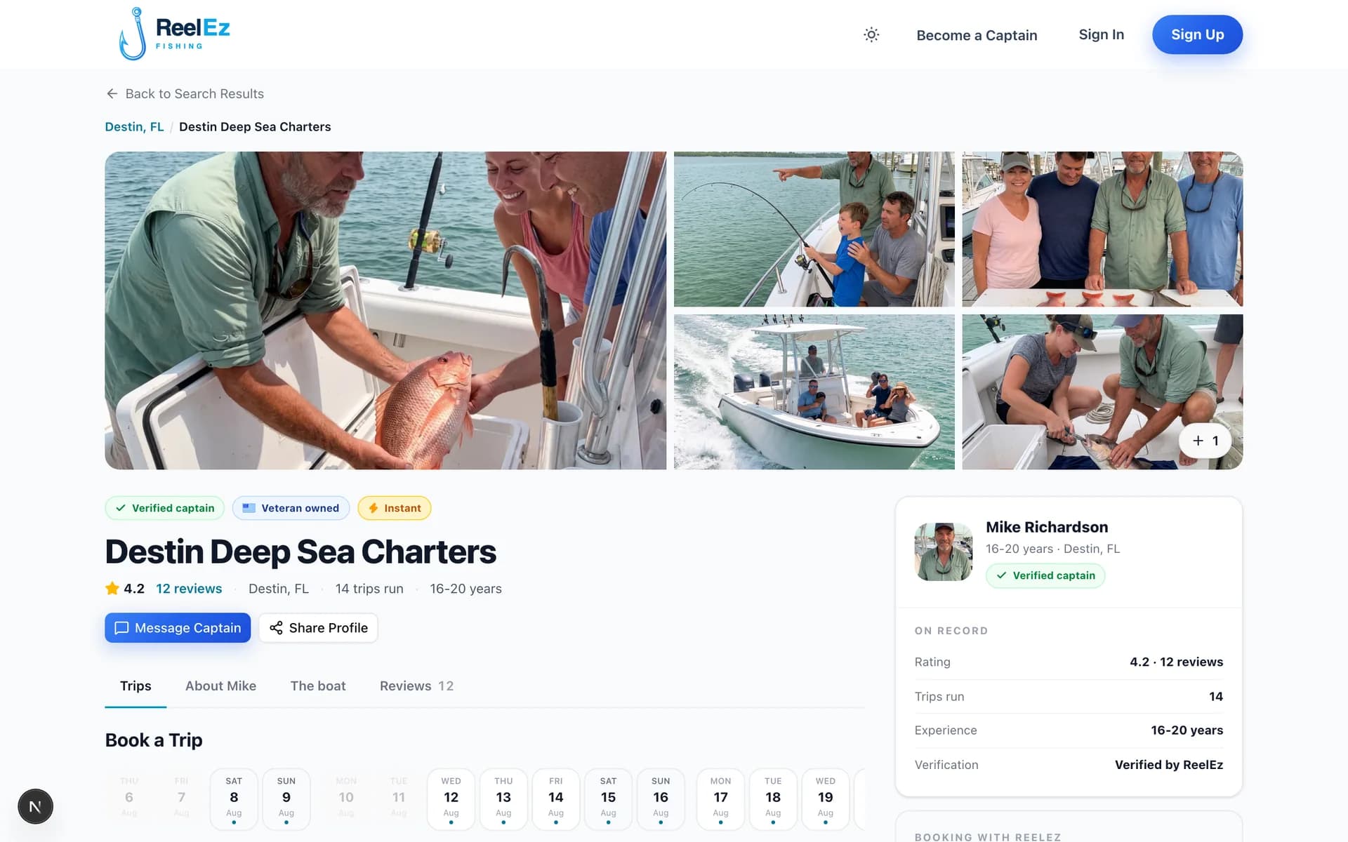 A captain public booking page showing trip photos, prices, and open dates
