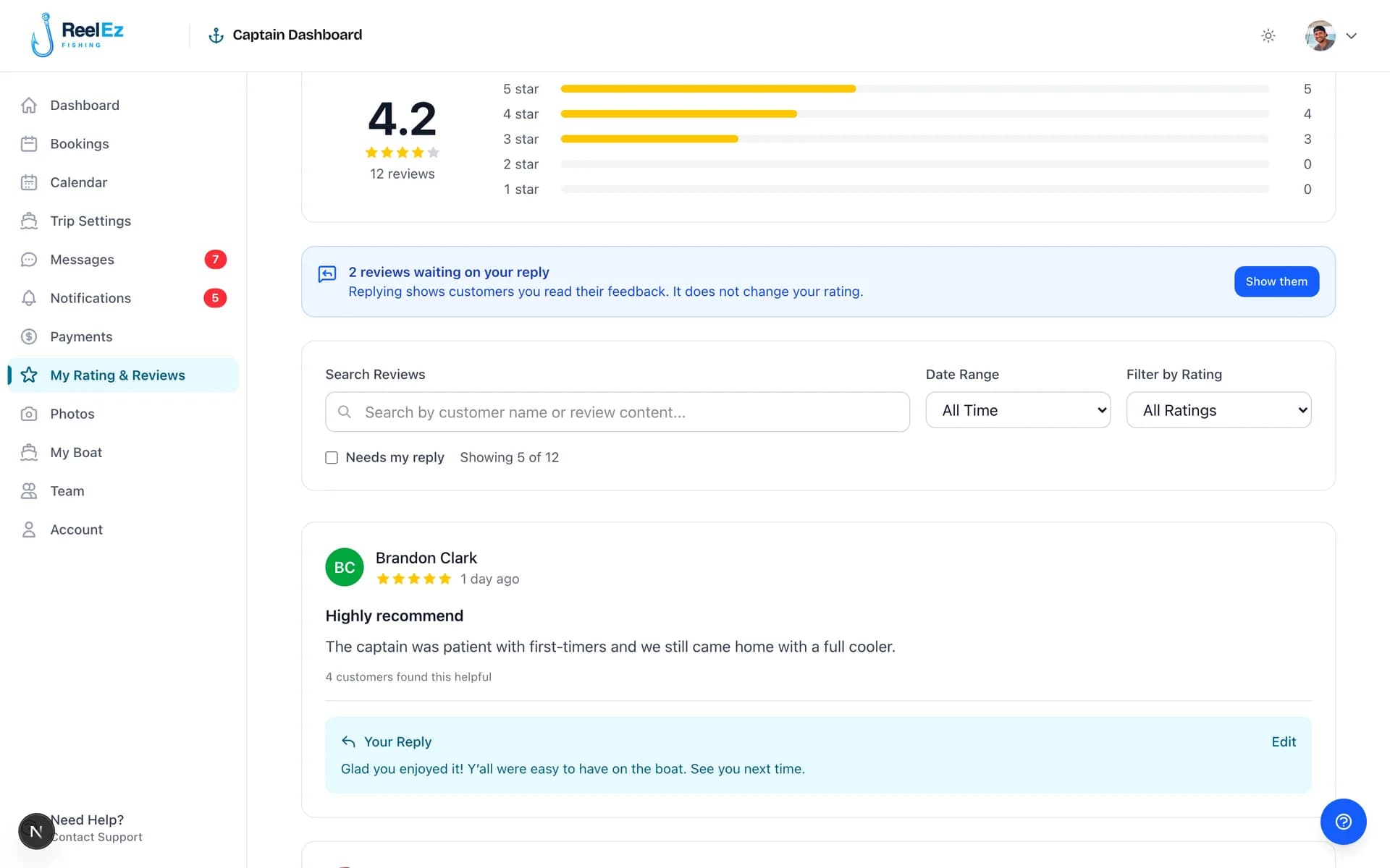 The captain reviews page showing an overall rating, a star breakdown, and reviews with captain replies